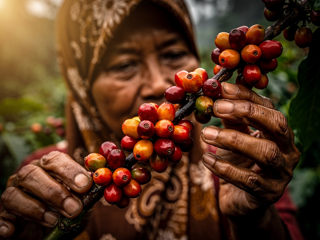 Proses panen biji kopi merah segar di perkebunan Indonesia