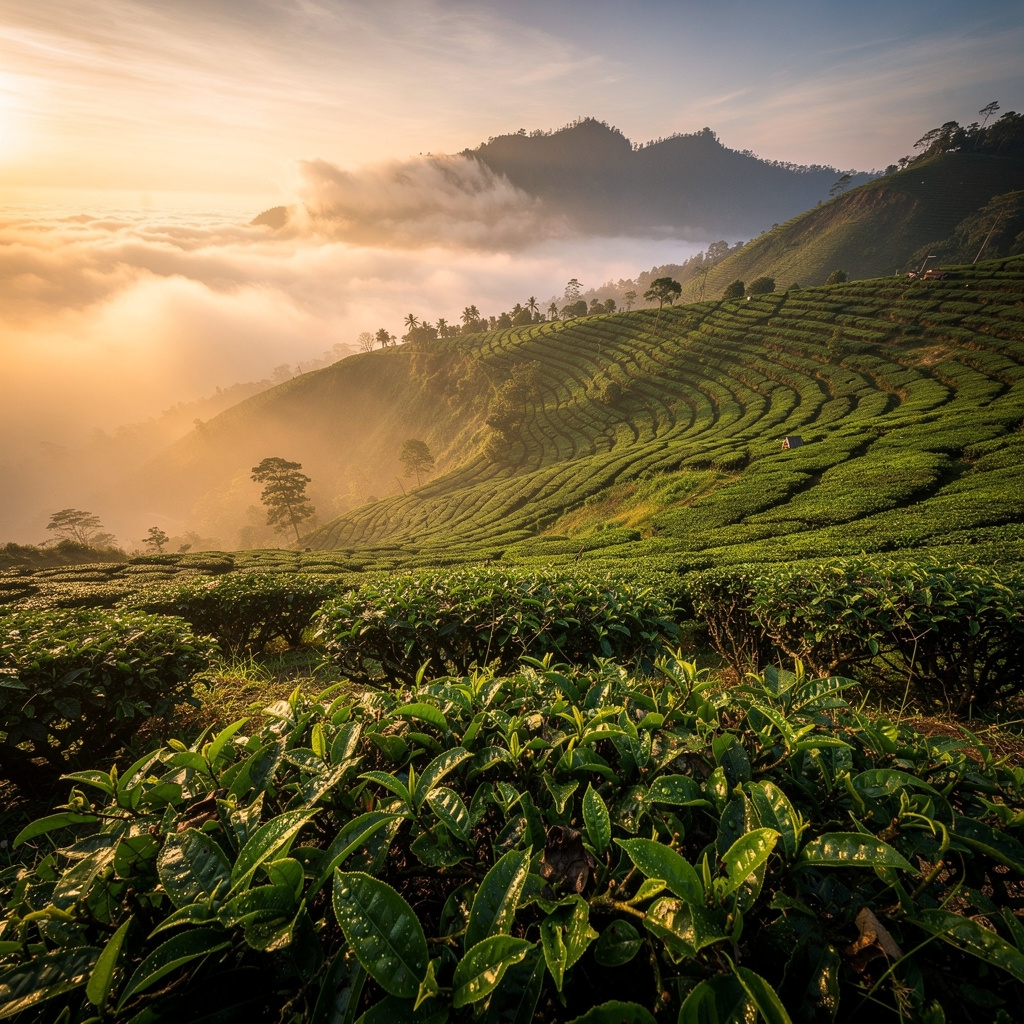 Hamparan perkebunan teh hijau di pegunungan Indonesia