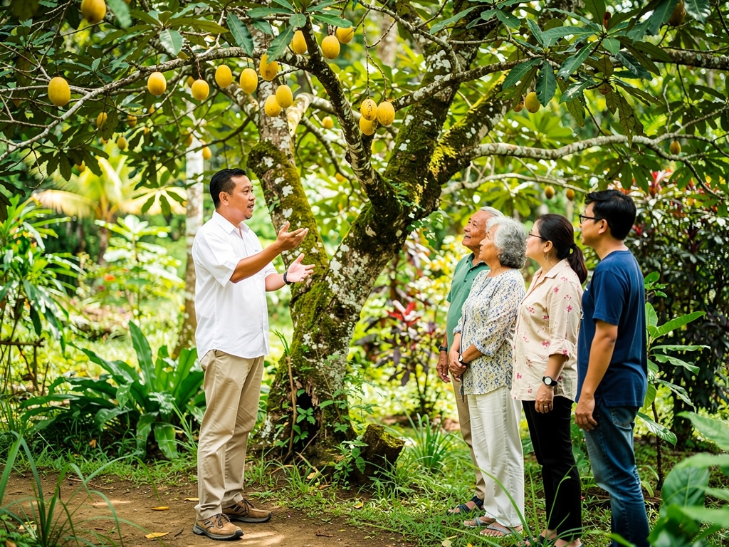 Pemandu wisata menjelaskan tanaman rempah kepada pengunjung di kebun