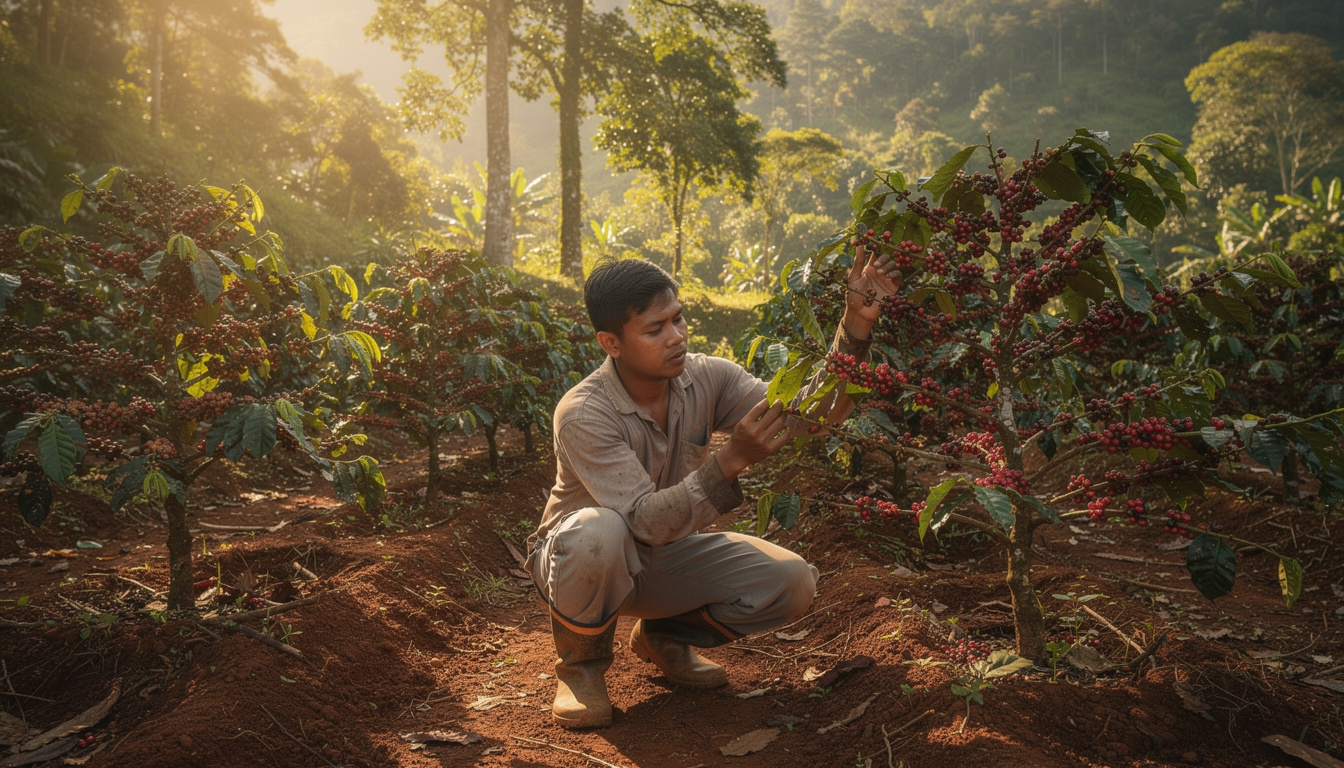 Perkebunan kopi arabika di lereng gunung Sumatera